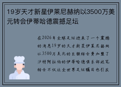 19岁天才新星伊莱尼赫纳以3500万美元转会伊蒂哈德震撼足坛