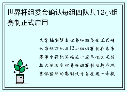 世界杯组委会确认每组四队共12小组赛制正式启用
